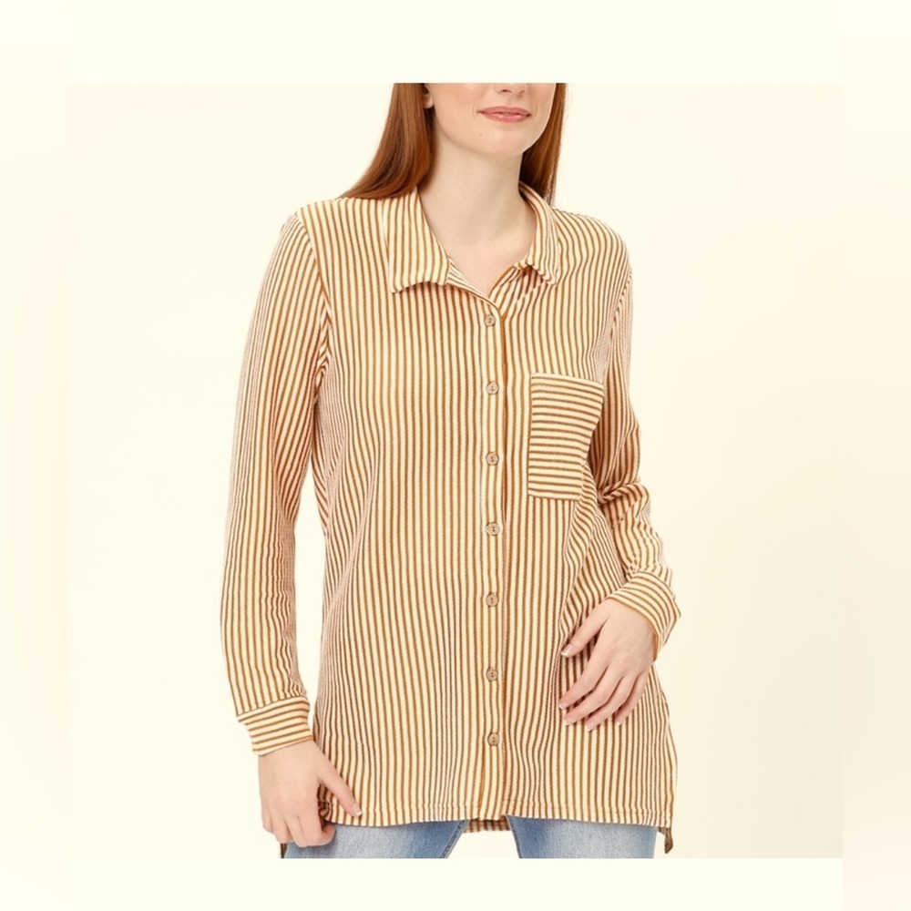 Chelsea & Theodore Woven Button Front Tunic Shirt Top Cream Burnt Orange Fall M